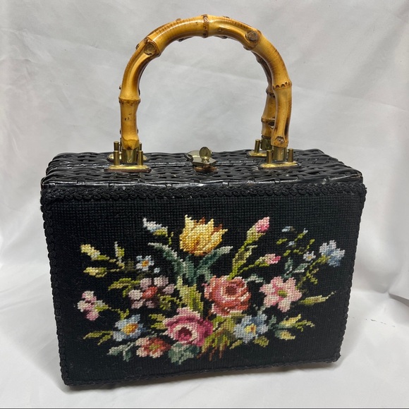Magid Handbags - Vintage Magid Handbag 50’s Floral Cross-Stitch Black Wicker Bamboo Handle Japan